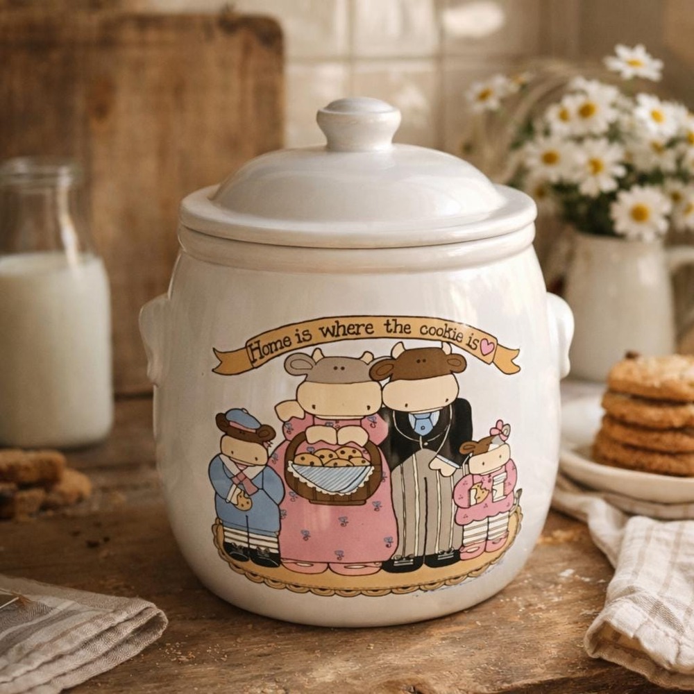 VTG Cow Family Ceramic Cookie Jar Treasure Craft  '80's Country Kitchen Decor